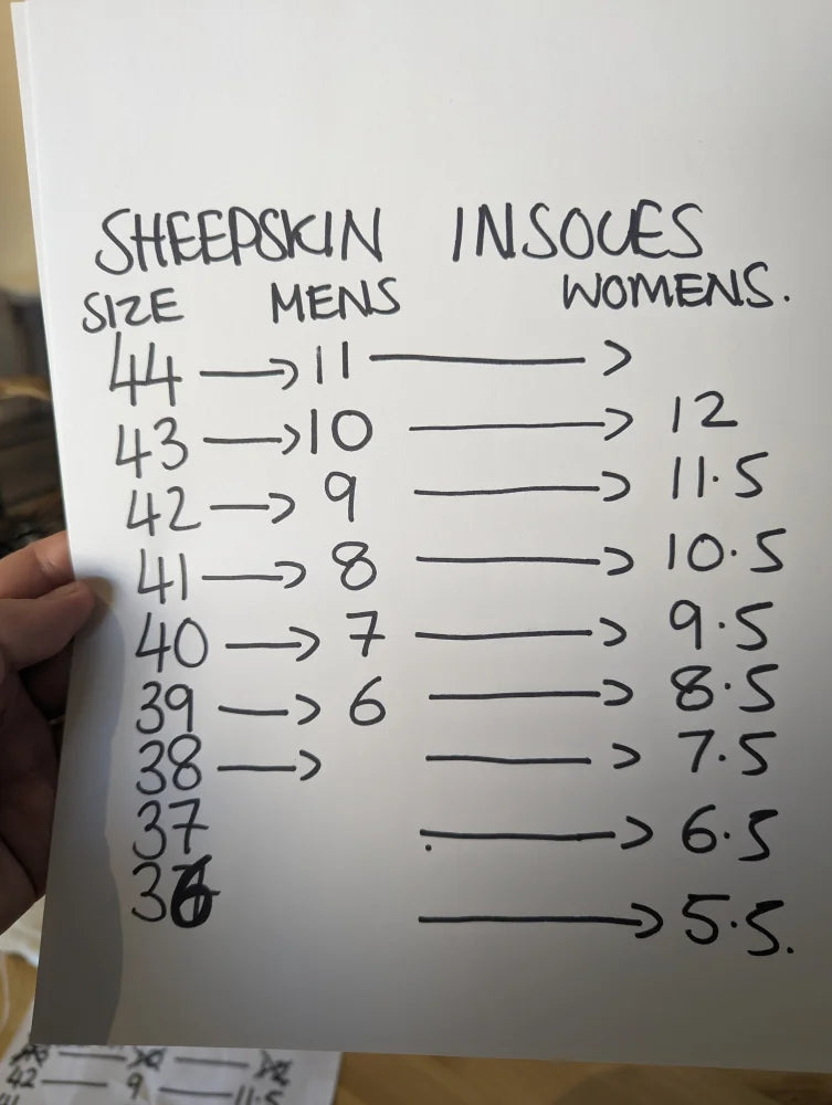White handwritten size guide for Sheepskin Insoles in mens and womens shoes