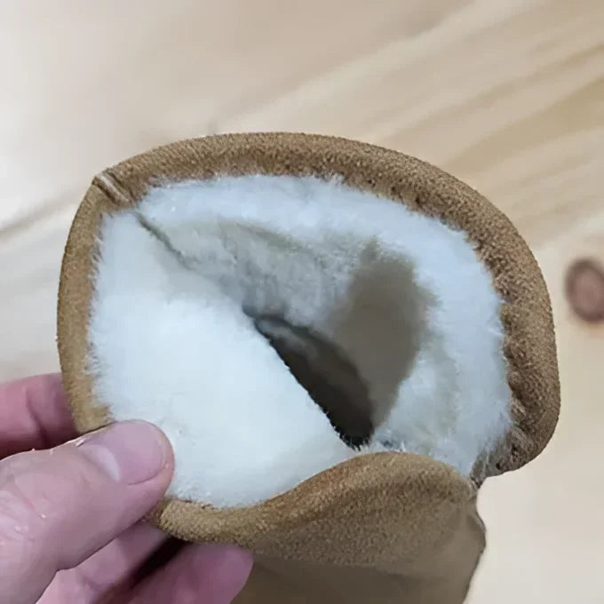 Cozy brown suede sheepskin mittens with white fur lining