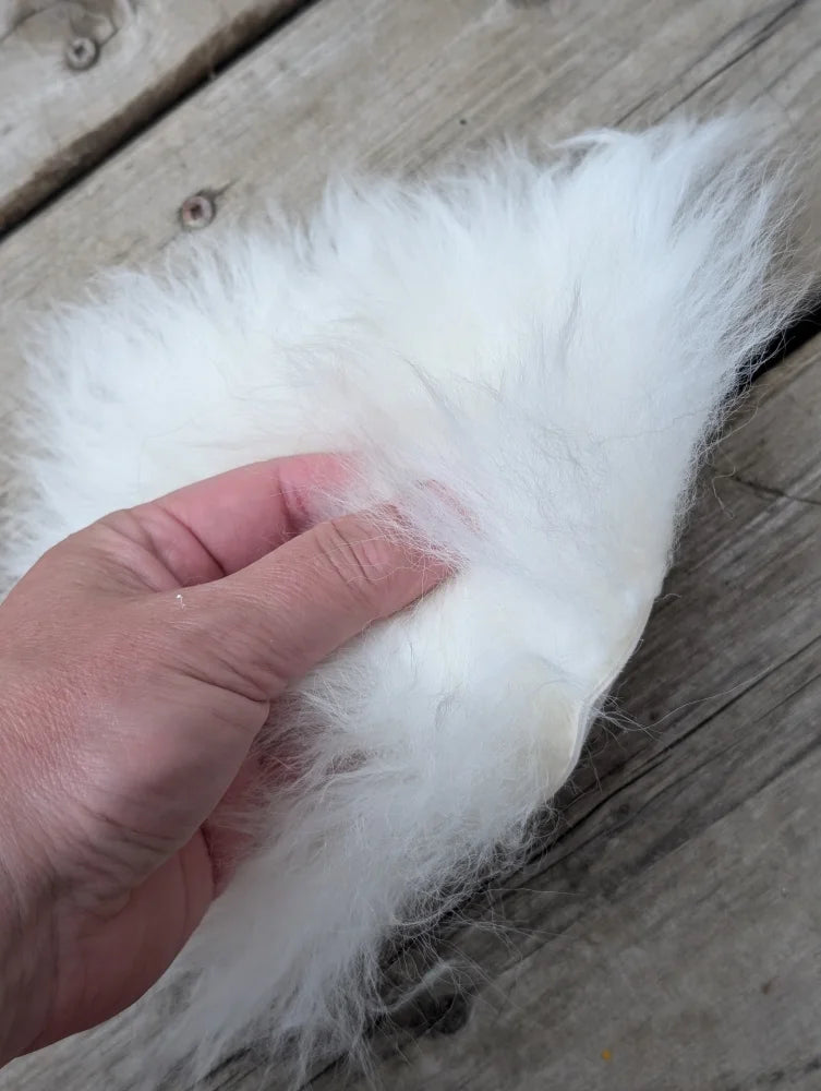 A fluffy white sheepskin sample square with soft long fur strands gently held by a hand