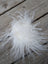 A fluffy white curly sheepskin sample square resting on a wooden surface for texture and quality testing