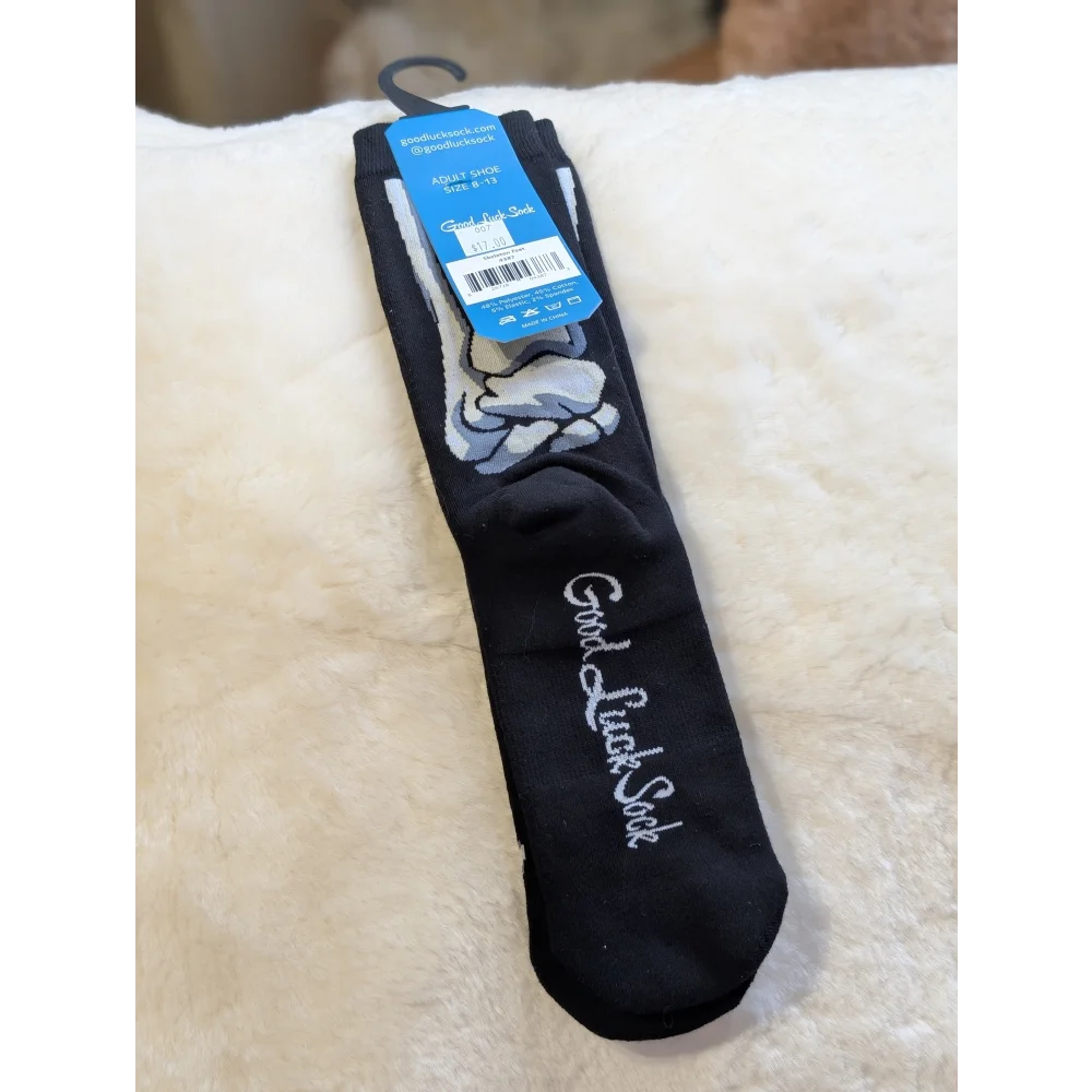 Black Skeleton Foot good luck socks with white text design