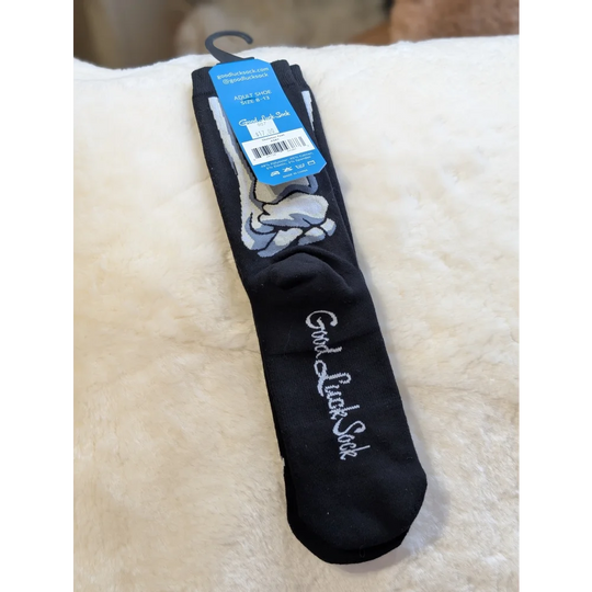 Black Skeleton Foot good luck socks with white text design
