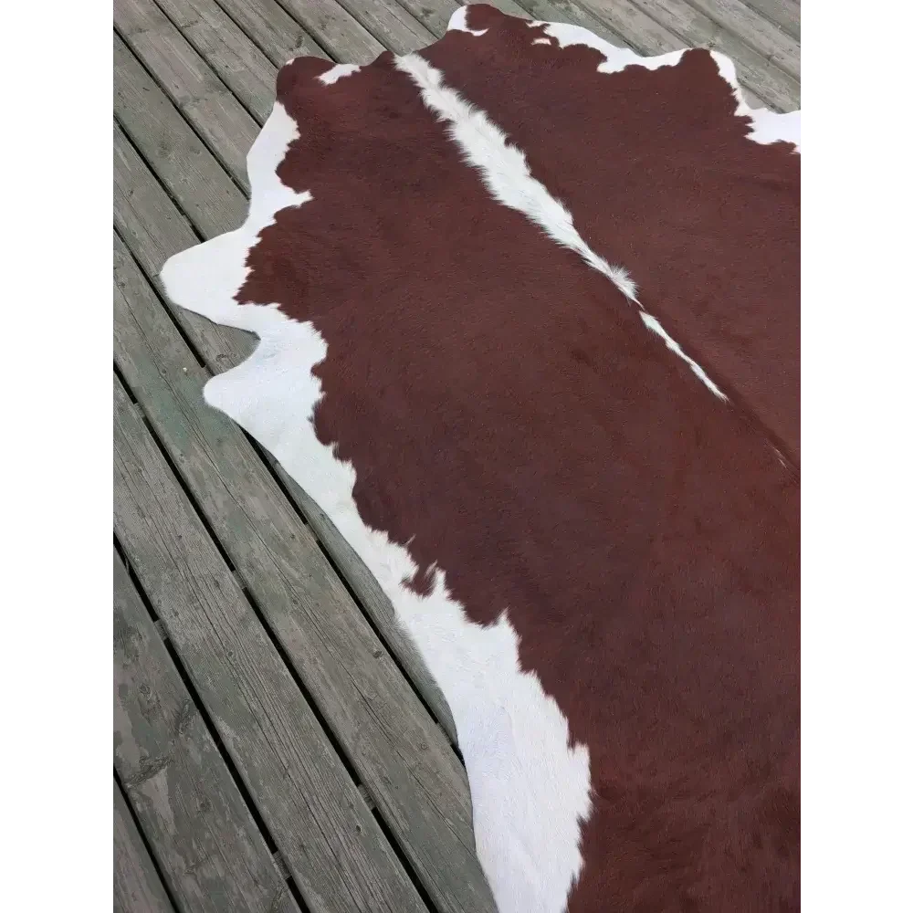Large 85x74.5 SM#34 cowhide rug with brown white patches and leather texture