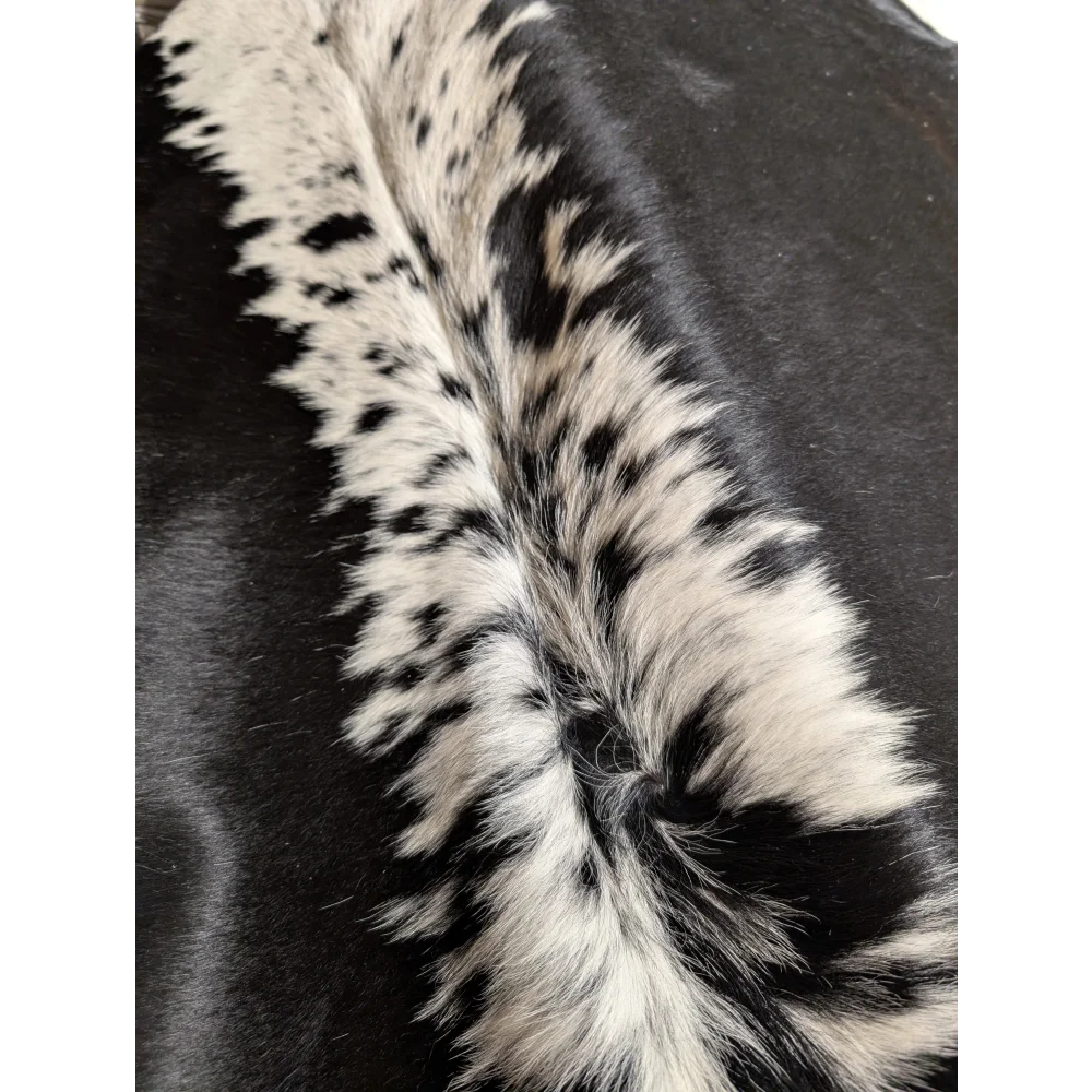 Black and white spotted cowhide fur trim on large cowhide rug, soft underfoot