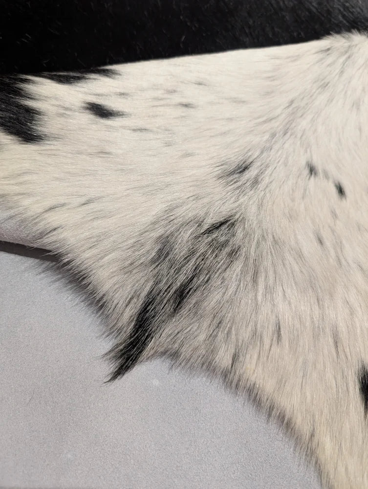 Soft underfoot black and white spotted cowhide rug, 85x75 inches