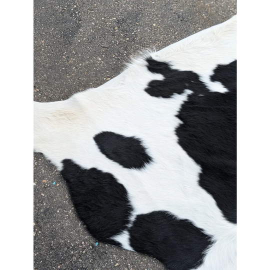 Large cowhide rug with black and white spots and natural leather texture