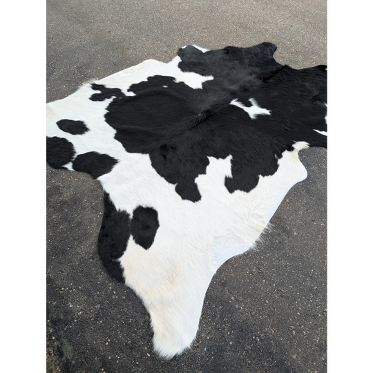 Large cowhide rug with black and white spots and natural leather texture