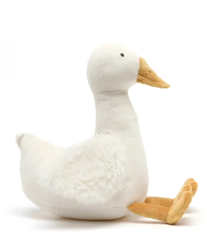 Snowy the goose soft white plush duck with fluffy textured body and tan beak and feet