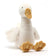 A soft white plush goose named snowy with a tan beak and feet and fluffy wings perfect for cuddling