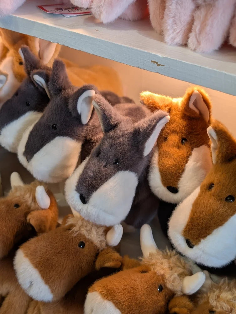 Snuggable wayne the wolf stuffed animal plush toy in soft gray brown and tan with white accents for cozy cuddles