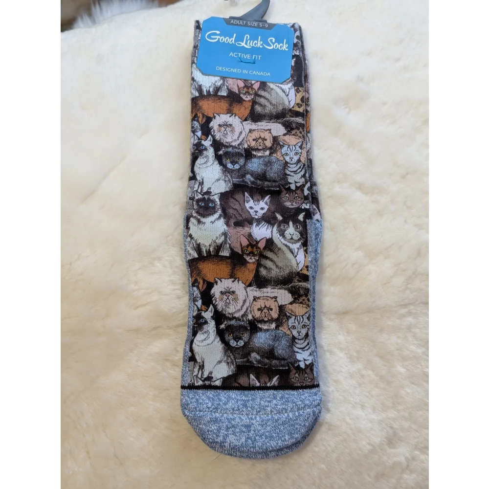 Cat-themed Good Luck Socks with gray white heathered background in black brown tones
