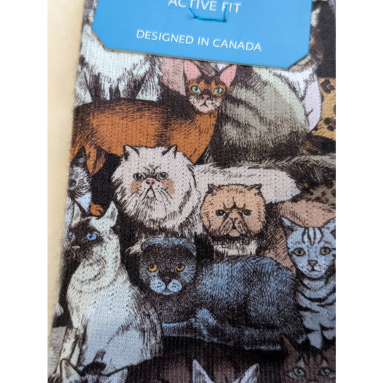 Fun cat-themed Good Luck Socks with breeds and colors, designed in Canada