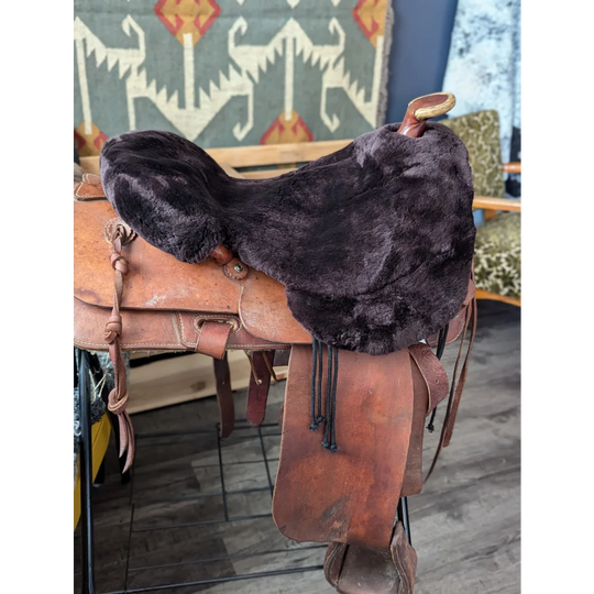 Brown merino sheepskin western saddle cover with leather saddle, fur pad, wooden stirrup