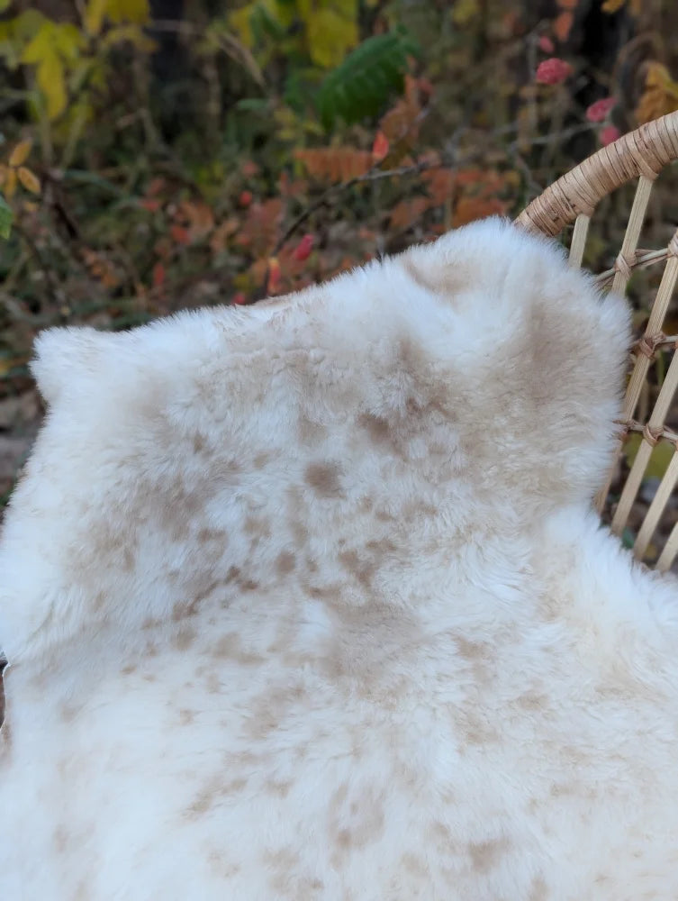 A soft fluffy white and beige british isles sheepskin throw resting on a woven wicker chair