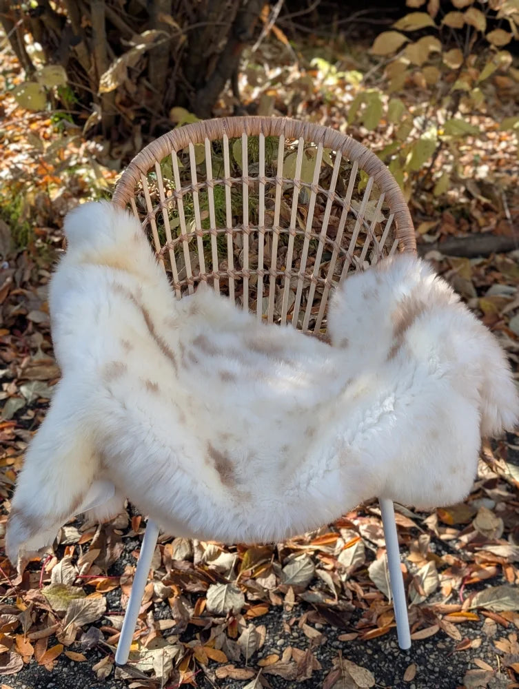 Softbrit#4 47 x 28 white faux fur throw with light brown speckles draped over wicker chair british isles sheepskin