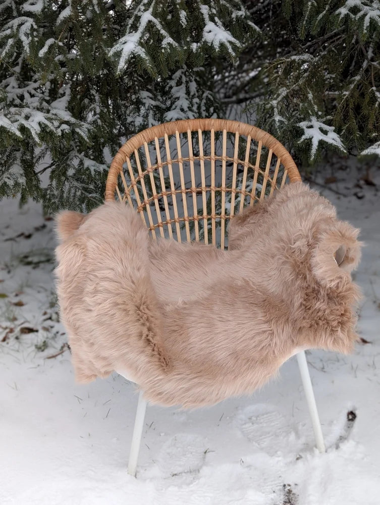 A cozy light taupe merino sheepskin throw draped over a rattan chair perfect for mid october vibes