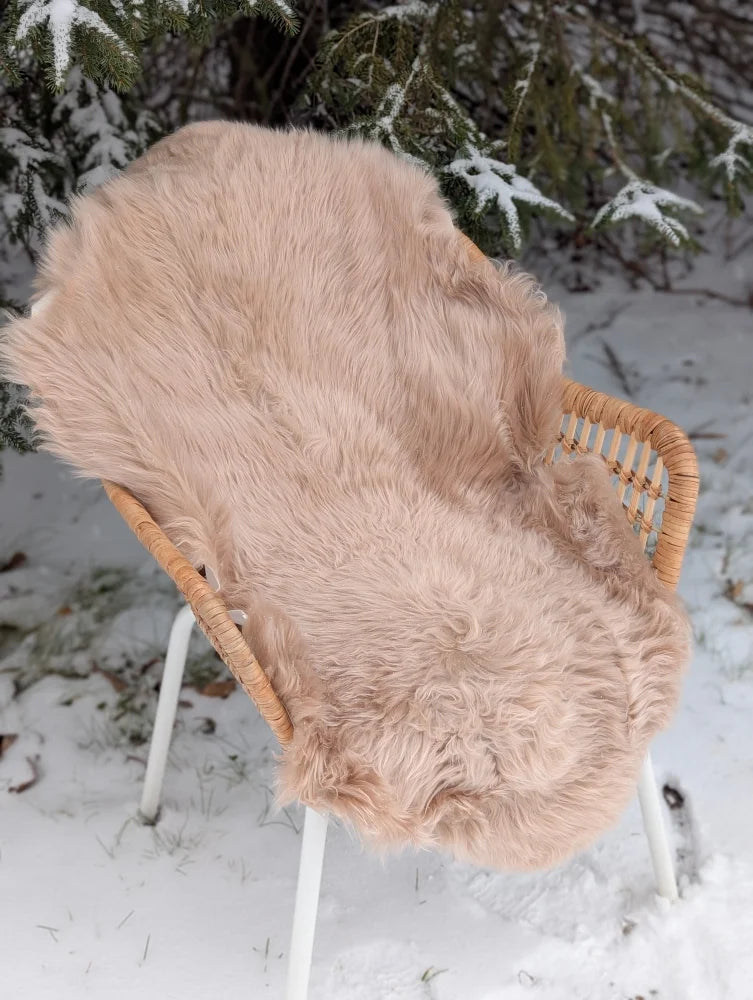 A soft blush light taupe merino sheepskin rug draped over a wicker chair perfect for mid october vibes