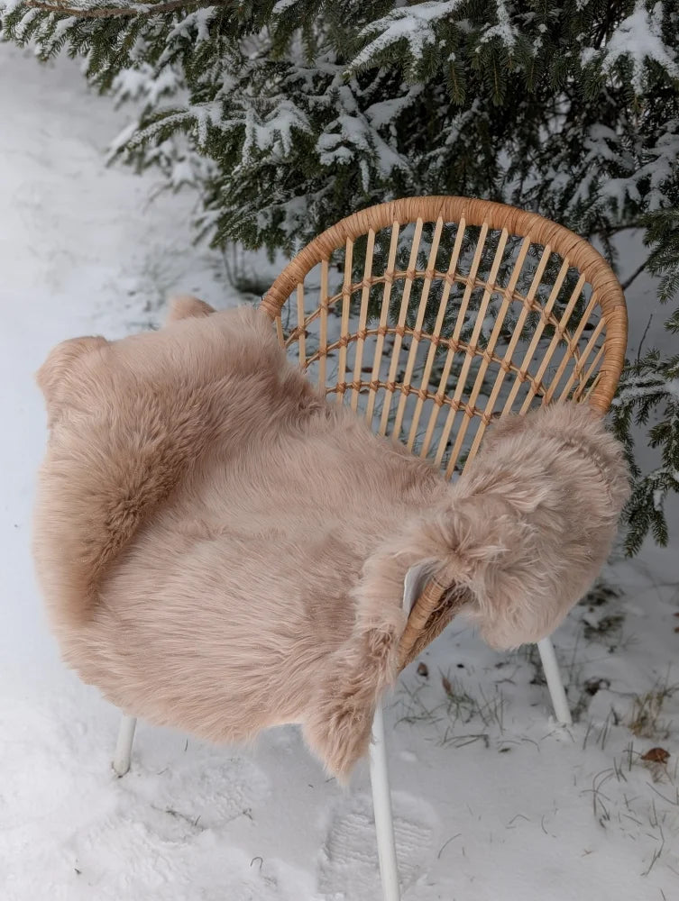 A cozy light taupe merino sheepskin rug draped over a woven rattan chair for mid october warmth and style