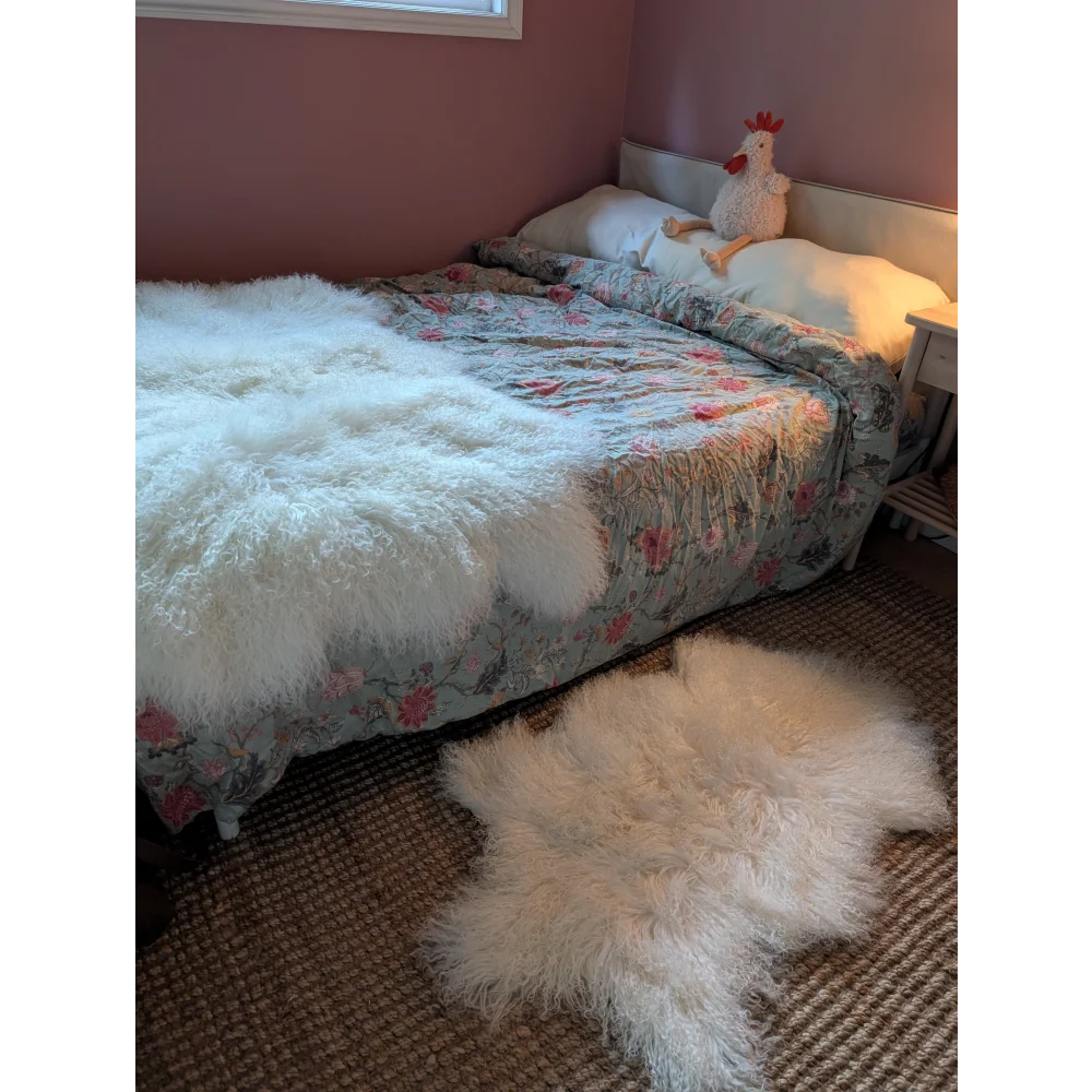 Gorgeous white fluffy Angus Oliver Mongolian sheepskin rug