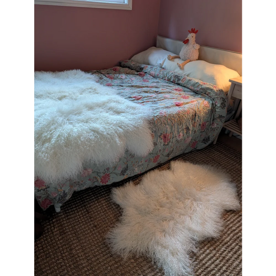 Gorgeous white fluffy Angus Oliver Mongolian sheepskin rug
