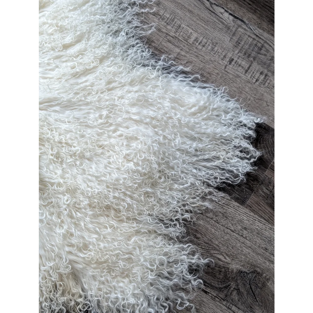Gorgeous Angus Oliver Mongolian sheepskin white curly wool throw with black edges on wood