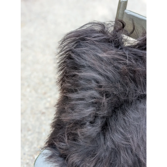 A thick dark gray faux fur collar with long wool texture on speckled natural cowhide browny black icelandic jacket
