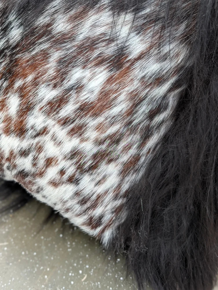 A plush faux fur throw blanket with brown and white spotted pattern featuring natural cowhide and long wool fibers