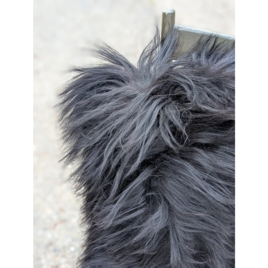 A close-up of a natural black icelandic dog tail with long wool fur being gently groomed, paired with speckled cowhide