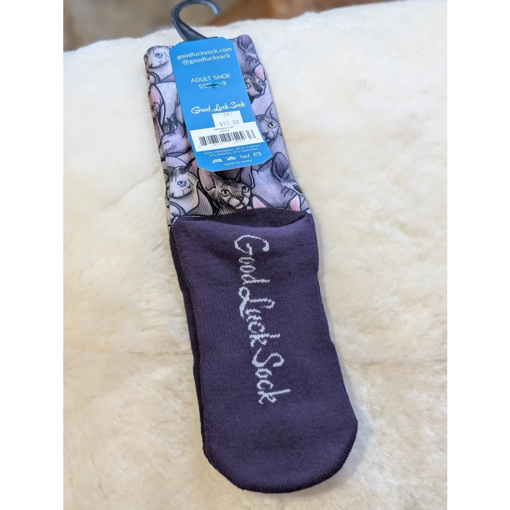 Purple good luck socks with Sphinx cat design and elastic band