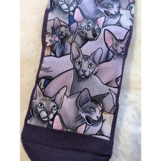 Fun Sphynx cats in poses on Good Luck Socks, purple background