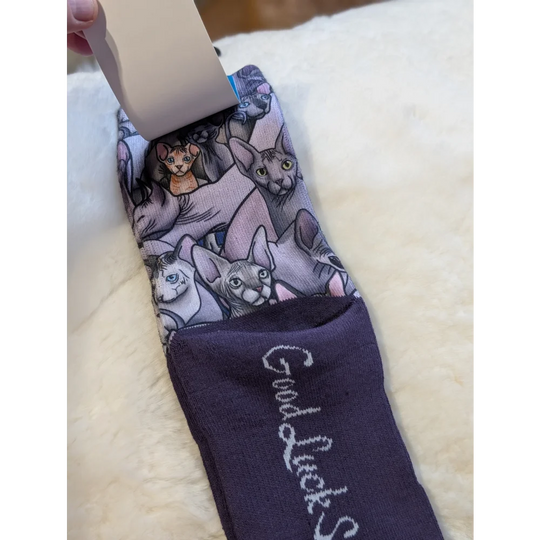 Sphinx Cats Good Luck Socks with multicolored cats design