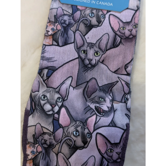 Good Luck Socks Sphynx cats in gray and purple