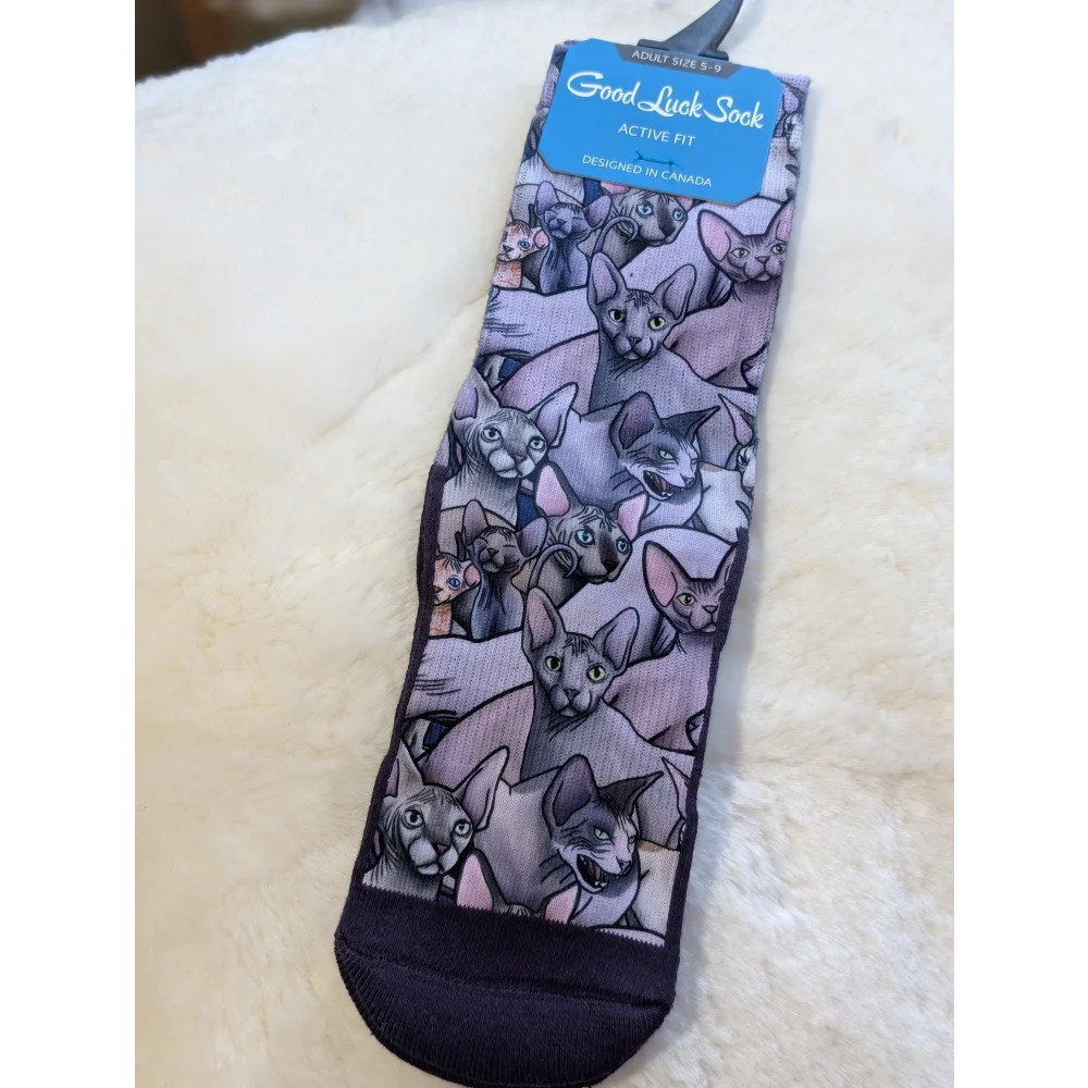 Purple and gray Sphinx cat-patterned Good Luck Socks in stretchy fabric