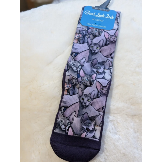 Purple and gray Sphinx cat-patterned Good Luck Socks in stretchy fabric