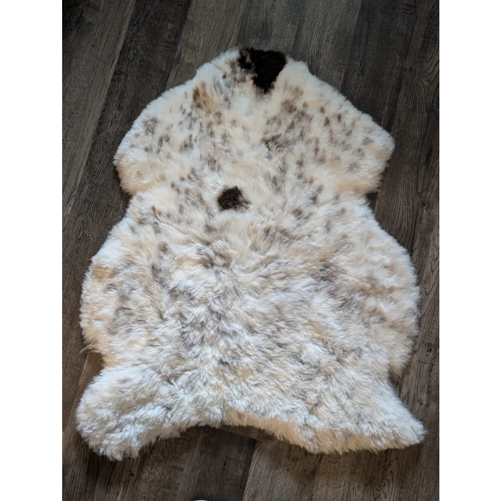 A plush icelandic sheepskin rug with short wool and natural dark brown spots on a soft white base 40.5 x 31 inches