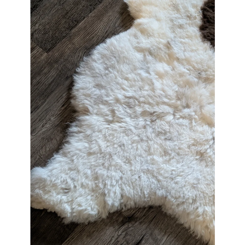 A plush off-white medium spotted icelandic sheepskin rug with soft curly short wool on dark wood floor