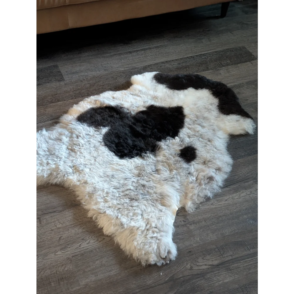 A plush irregular cow-print icelandic sheepskin rug with soft white and black short wool fur on the floor