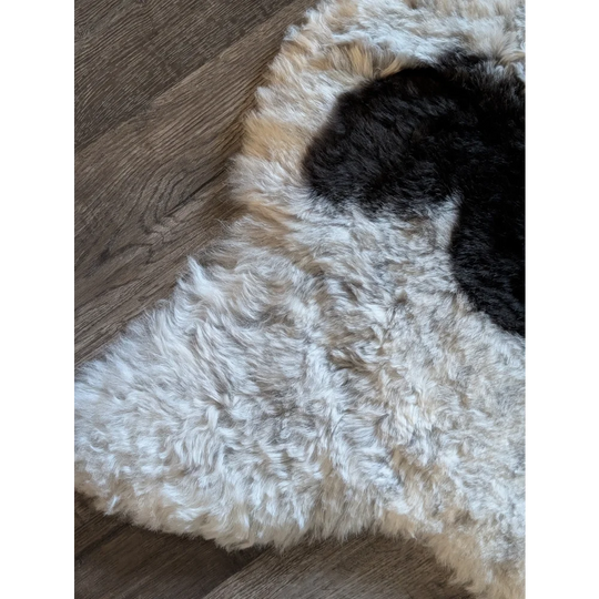 A plush icelandic sheepskin rug with curly natural white and black short wool perfect for cozy spaces