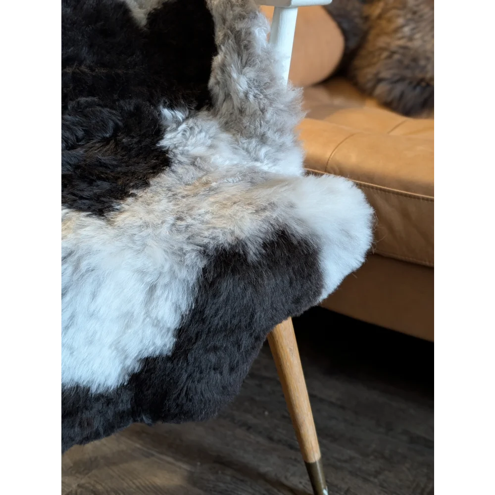 A plush icelandic sheepskin rug with patchwork natural black and white short wool fur measuring 42 by 29.5 inches