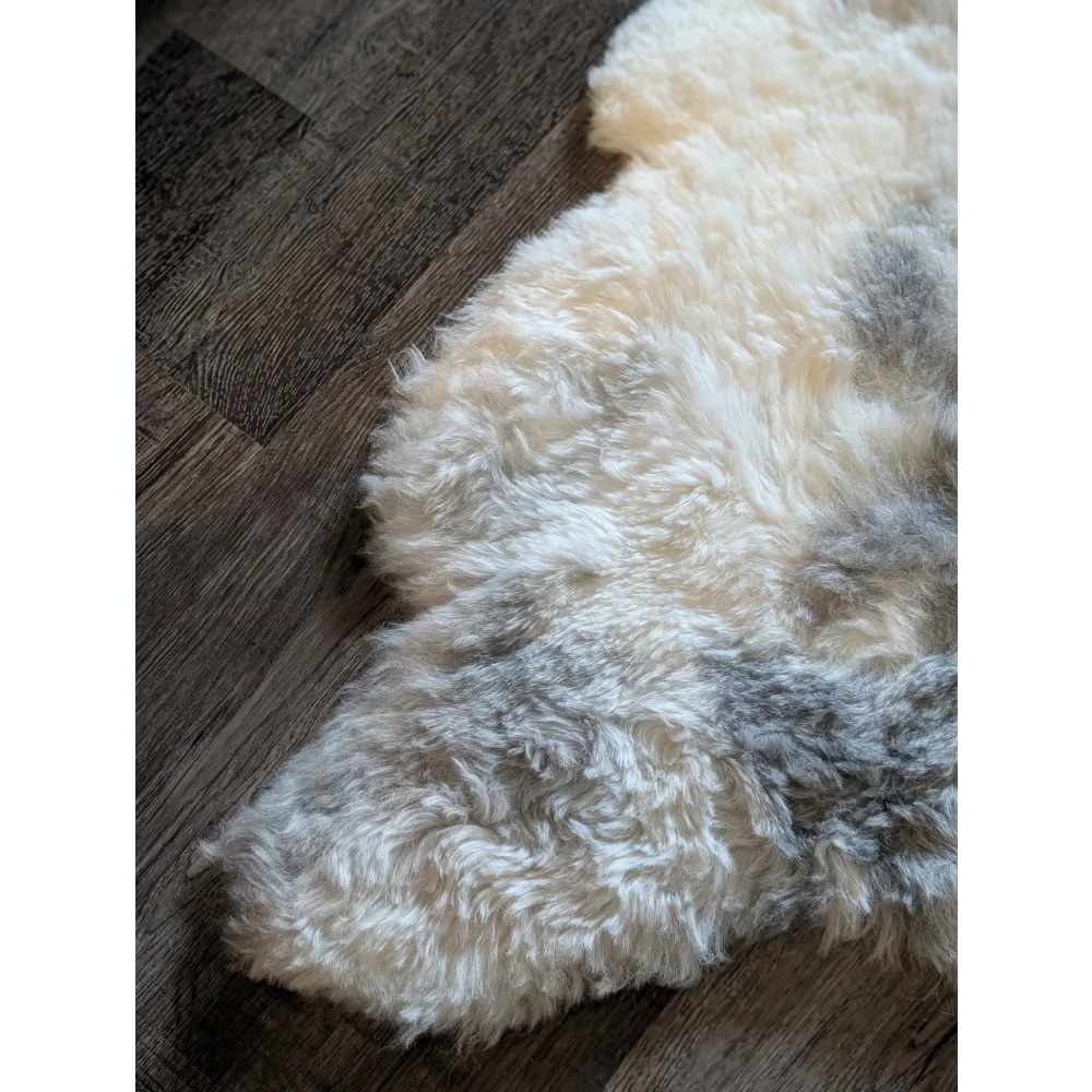Cream and gray medium spotted icelandic sheepskin rug with soft fluffy short wool texture 40.5 by 29.5 inches