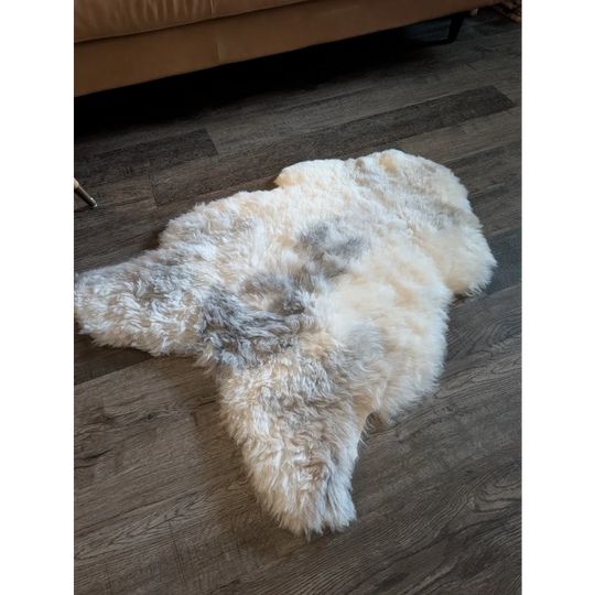 A plush icelandic sheepskin rug with soft white and gray gradient featuring medium short wool texture