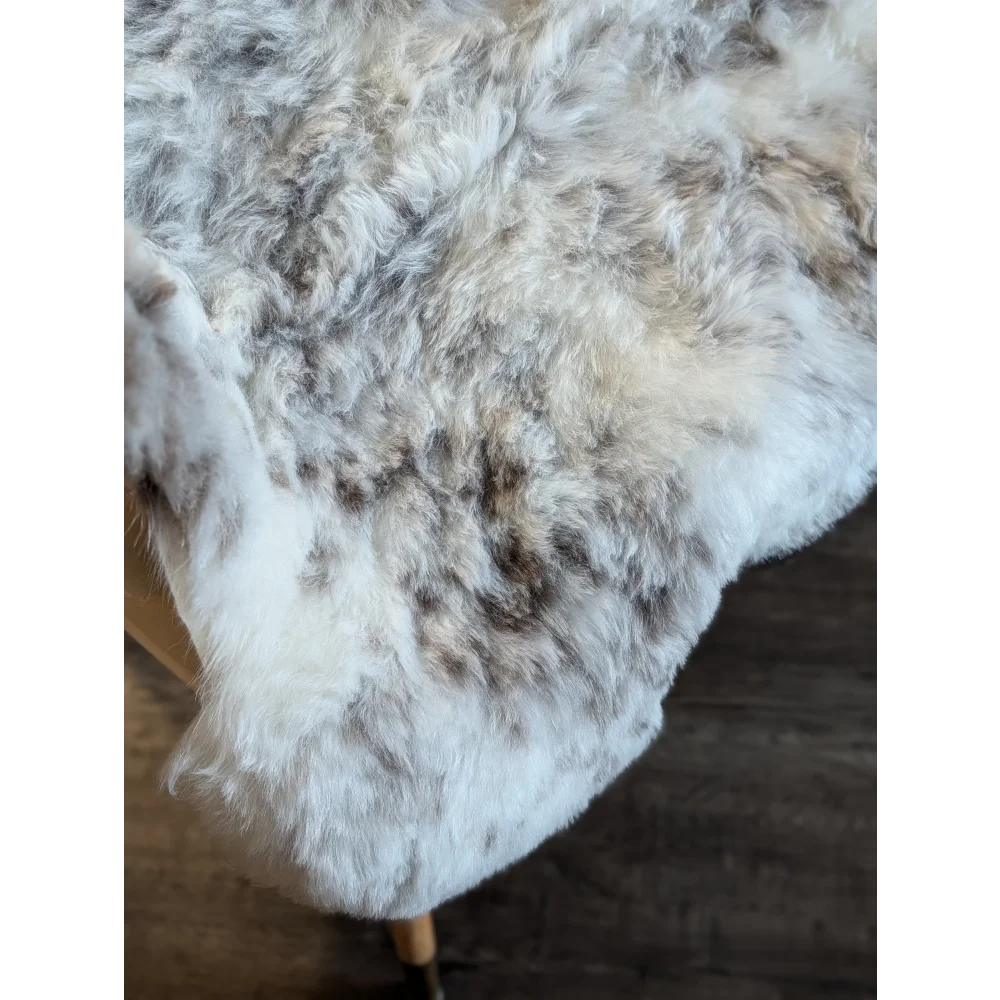 A plush icelandic sheepskin throw with soft white and gray mottled short wool perfect for cozy decor