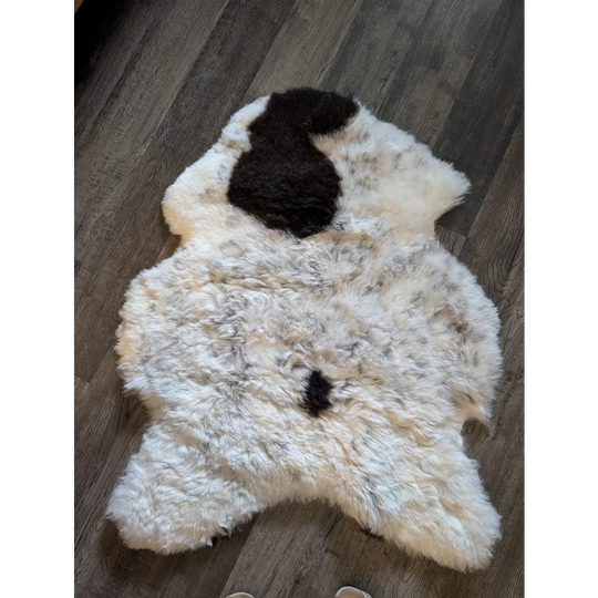 A fluffy cream-colored icelandic sheepskin rug with dark brown patches shaped like dog ears and tail made of short wool