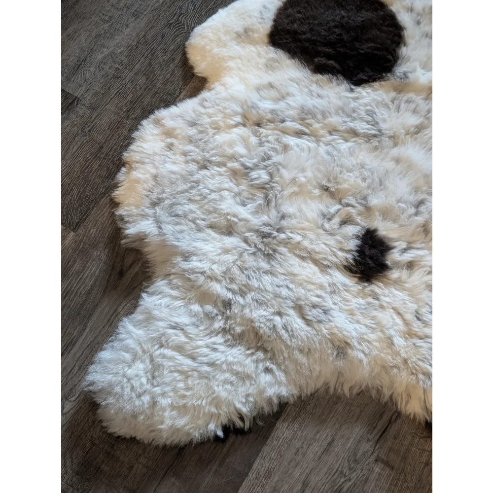 A fluffy white icelandic sheepskin rug with dark brown spots made of short wool on a wooden floor