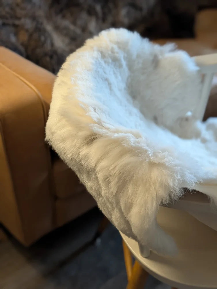 A plush white icelandic sheepskin throw with short wool draped over the edge of a light-colored table