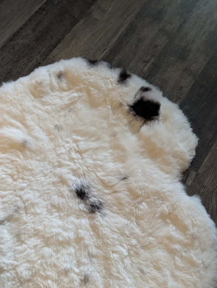 Cream-colored icelandic sheepskin rug with black speckles made of medium short wool 41 by 32 inches