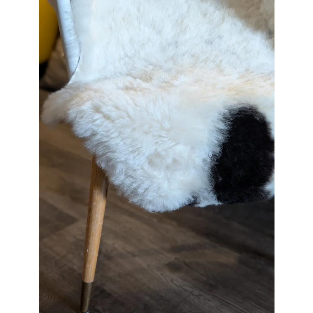 White icelandic sheepskin chair pad with a black patch made of medium short wool perfect for cozy seating