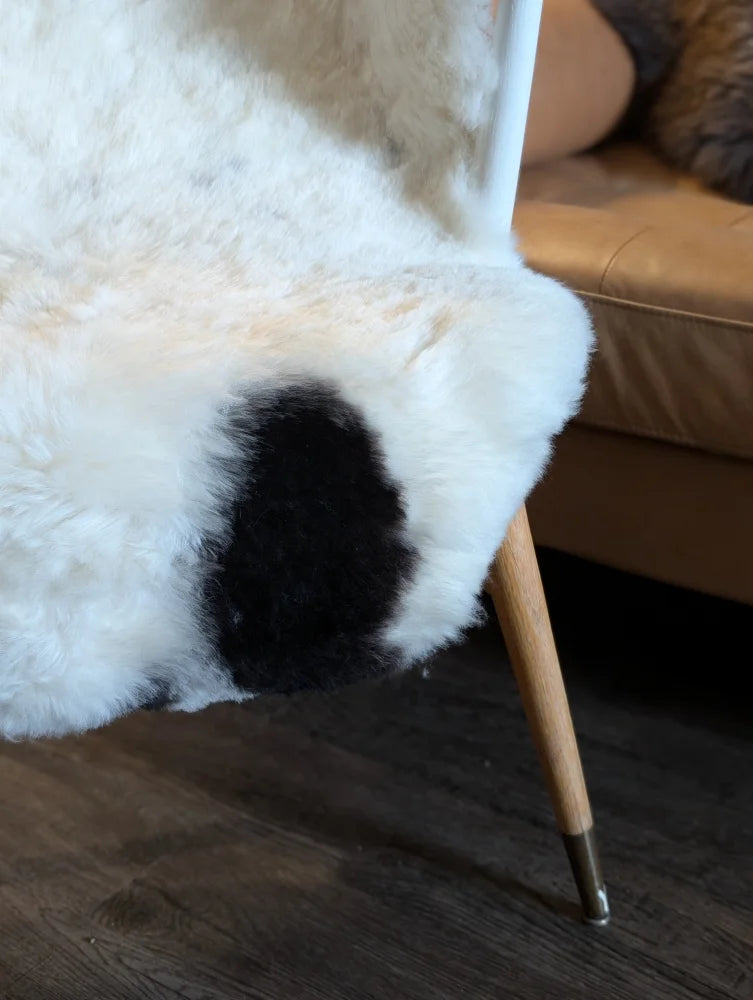 White icelandic sheepskin throw with a black patch made of short wool draped over a modern chair leg