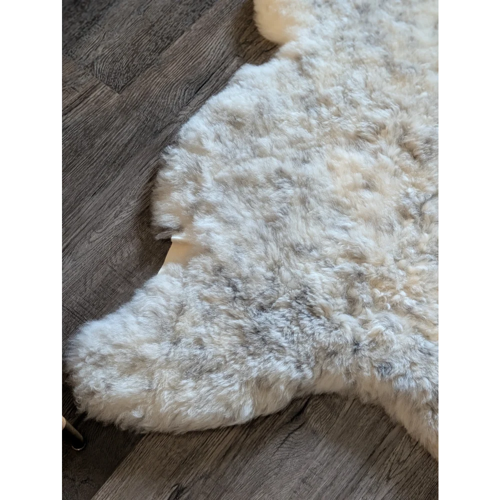 A large spotted icelandic sheepskin rug with soft cream and grayish white short wool fur measuring 49.5 by 31 inches