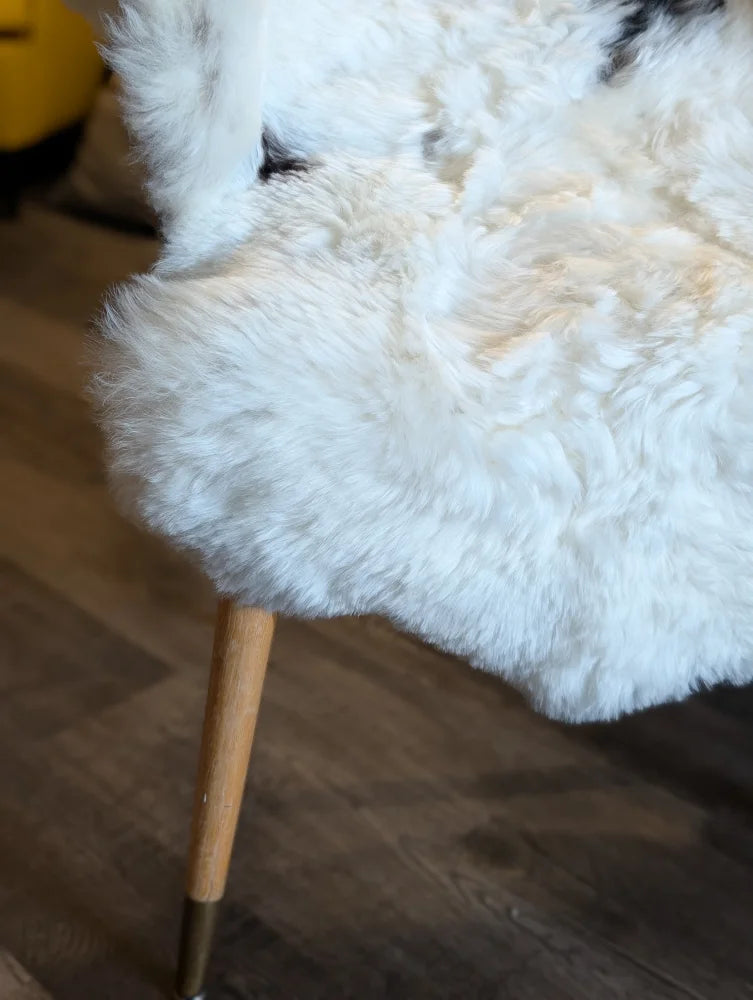 White fluffy medium spotted icelandic sheepskin chair with short wool and wooden legs with brass accent